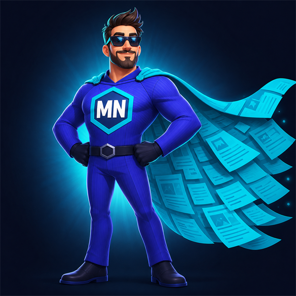 MrNiche — caped AI autoblog sidekick, full body hero pose